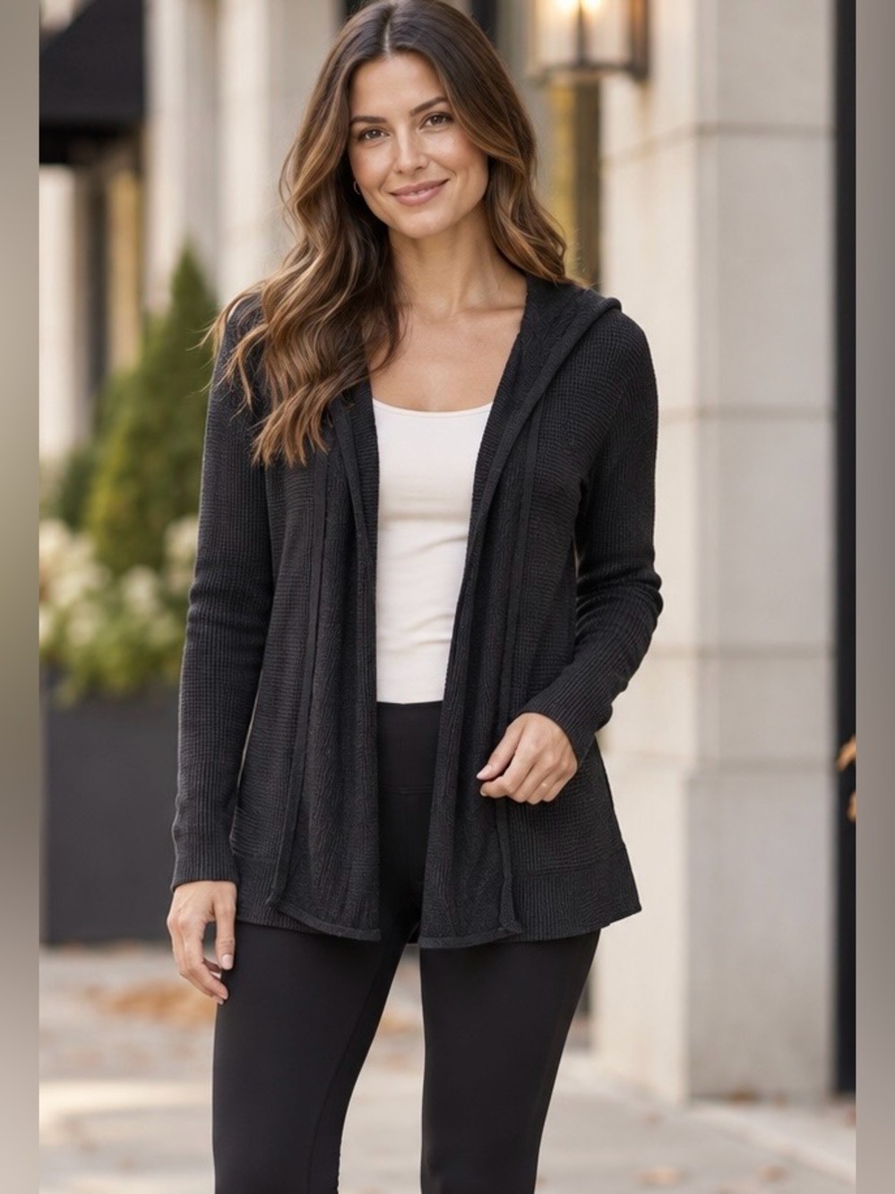 Lululemon Black Ribbed Knit Hooded Open Cardigan